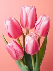 Empty clean solid pink background with fresh tulip flowers. Springtime holidays vertical greeting card template. AI generative image.