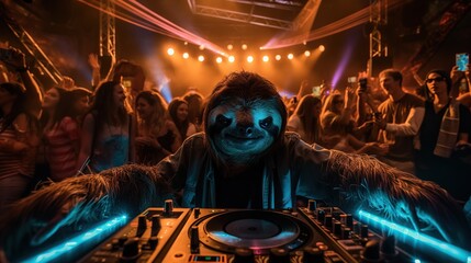 Funny and cute sloth dj at the turntable. Night club disco edm party indoor illustration. AI generative image. - obrazy, fototapety, plakaty