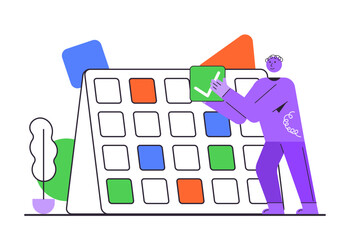 Business planning concept. Trendy character with calendar and scheduled dates and appointments, clock, to-do list with tasks, reminders and messages. Vector illustration for modern web design