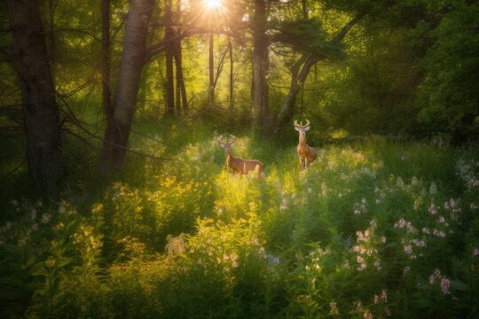serene forest clearing with golden sunlight streaming through the trees, illuminating a vibrant patch of wildflowers in full bloom, with a deer peeking out from behind the foliage - Generative AI