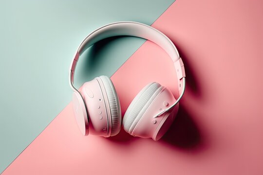 White wireless headphones in the background with a pink foreground. The concept of listening to music. Generative AI