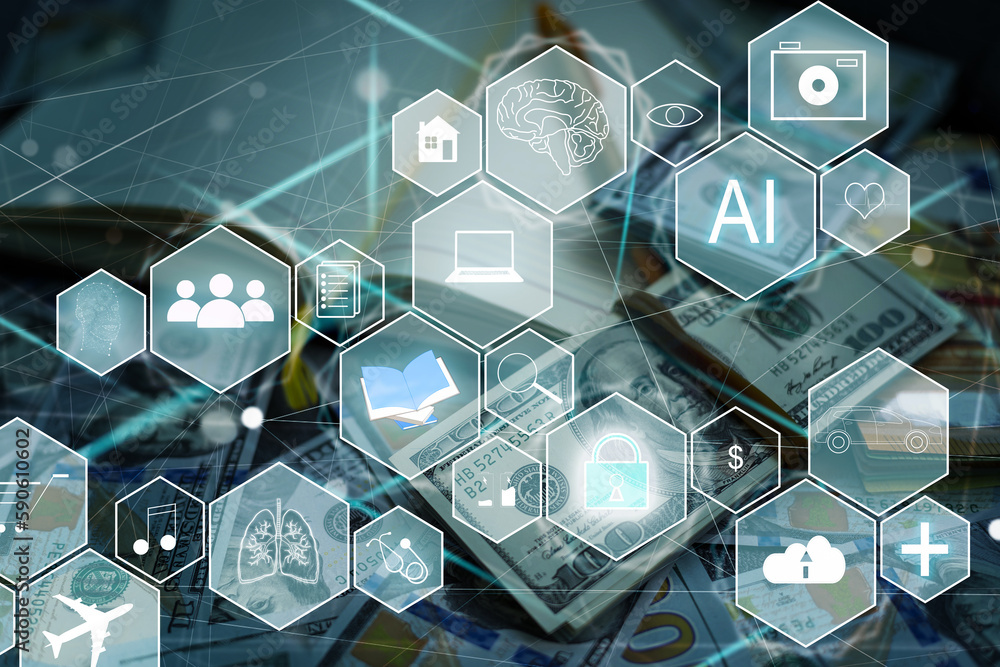 Poster artificial intelligence ai, internet of things iot. business man using laptop computer on technology