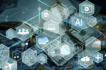 Artificial Intelligence AI, Internet of Things IoT. Business man using laptop computer on...