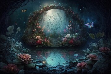 Fototapeta na wymiar Fantasy forest with fluttering butterflies. Portal to a fantasy world. AI generated