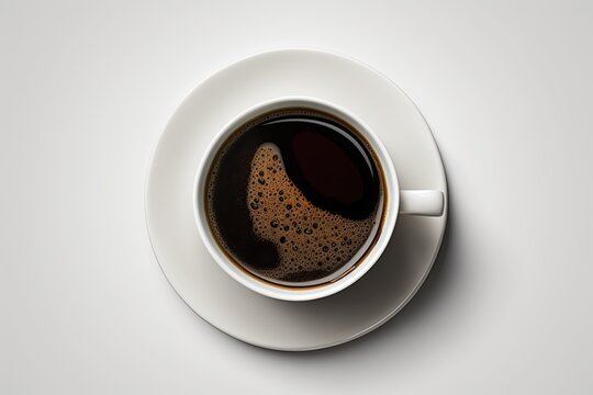 On a white backdrop, a top view of a cup of coffee is shown. Generative AI