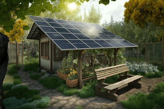 Solar panels on small house. Solar system. Natural resourse. AI generated