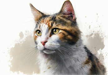 A watercolor painting of a cat. Portrait of a cat, design for booklet, cover, cat print. Generative AI