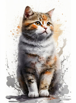 A watercolor painting of a cat. Portrait of a cat, design for booklet, cover, cat print. Generative AI