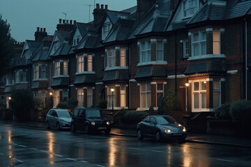 Fototapeta na wymiar english houses on a rainy afternoon cinematic Generative AI
