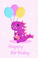 Obraz premium A wish card or poster with happy cartoon pink Dinosaur holding balloons, vector illustration