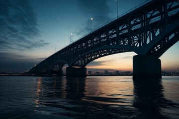 Fototapeta na wymiar the sea passing under the big bridge in the evening cinematic Generative AI