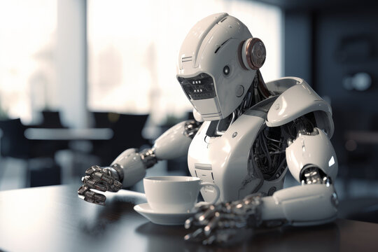 Robot Having a Coffee Break at Office, Automation Anxiety illustrated, AI Generative