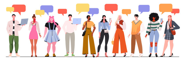 Group of people who talk and share ideas and inform. Speech bubbles. Crowd talking. Communication, teamwork, cooperation, partnership concept. Flat vector illustration isolated on white background.