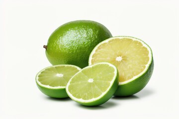 Naklejka na ściany i meble Green lime with cut in half and slices isolated on white background, Generative AI.