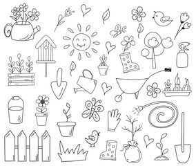 Garden tools. Doodle spring icons set. Hand drawn isolated elements. Springtime, gardening concepts. Line art.   Watering can, bouquet of flowers, birds, sun, seedlings in pots and  garden tools.