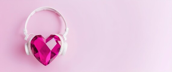 Purple ruby heart in headphones on a pink background, jewelry, Generative AI.
