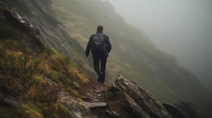 businessman Never giving up, strength and power. Man feeling determined climbing up a steep mountainside. back view. bad weather, rainy day - obrazy, fototapety, plakaty