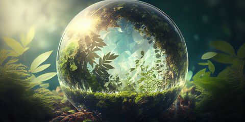 Obraz na płótnie Canvas A crystal earth on sky with Ferns and sunlight, The Environment , Earth Day Concept with generative ai