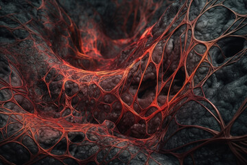 mushroom network, red threads of mushrooms on the gray ground abstract background generative ai
