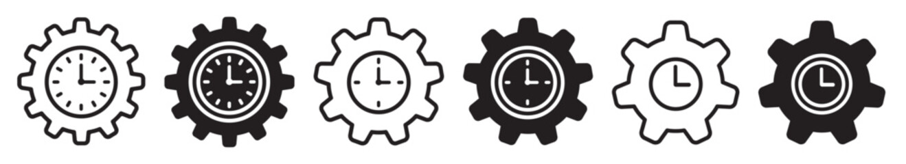 Set of time management icons. Productivity icon, gear and clock, service time. Industrial machinery timer, cogwheel and clockwork. Vector.