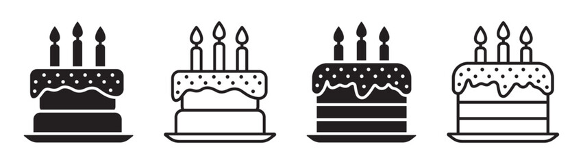 Set of cake icon. Birthday cake symbols, cake with a candle. Holiday or birthday. Traditional birthday cake. Vector.