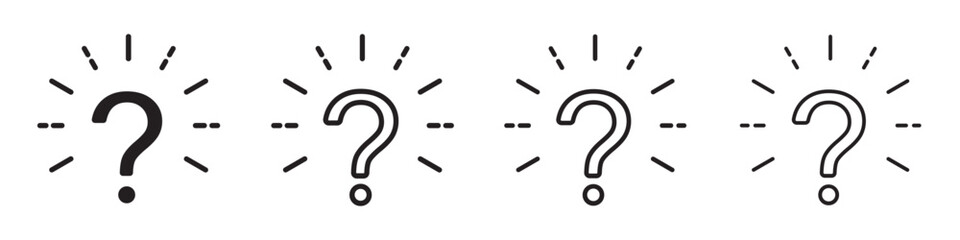 Set of question marks with rays icons. Question mark symbols, help. FAQ support signs. Rays and question mark.