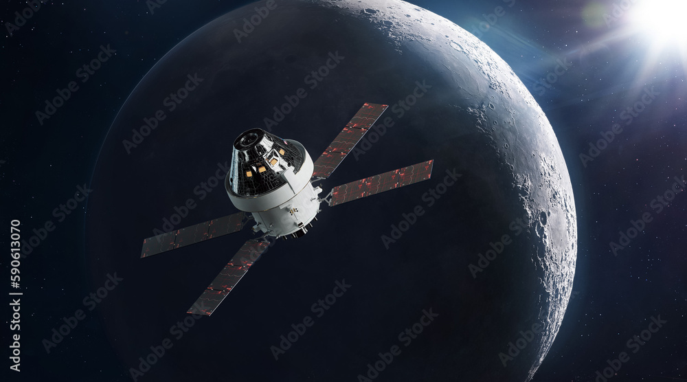 Poster Orion spacecraft on orbit of Moon. Spaceship of Artemis mission with astronauts near Moon surface. Exploration of our satellite. Return on Moon. Elements of this image furnished by NASA