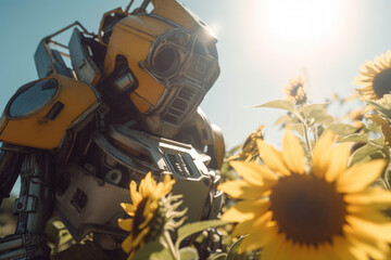 robot in the summer flower field, nature and robotics generative ai
