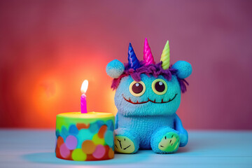 Naklejka premium Cute fluffy blue monster with a bright birthday cake on a purple background. Colored toy congratulations. Generative AI