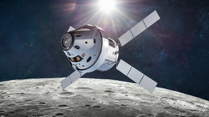 Orion spacecraft landing on Moon surface. Spaceship of Artemis mission with astronauts near Moon. Exploration of our satellite. Return on Moon. Elements of this image furnished by NASA