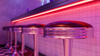 Vintage Row of metal bar stools, retro diner interior. 3d illustration.