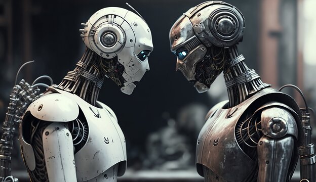 Humanoide Roboter mit K&uuml;nstlicher Intelligenz, die einander Gef&uuml;hle zeigen. Generative AI