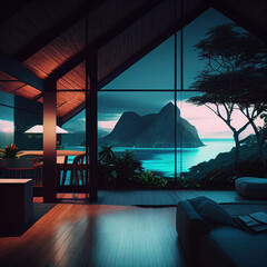 Tropical mountain landscape in the window of a villa with a modern interior