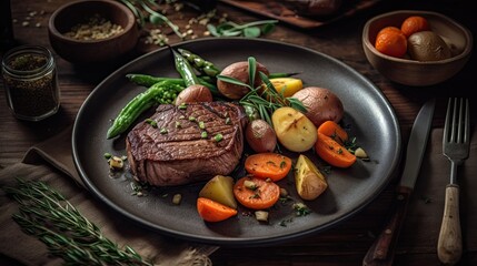 Succulent Steak Dish with Roasted Vegetables and Fresh Herbs on a Rustic Wooden Table, Generative AI