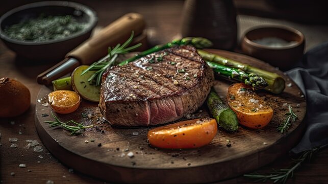 Succulent Steak Dish with Roasted Vegetables and Fresh Herbs on a Rustic Wooden Table, Generative AI