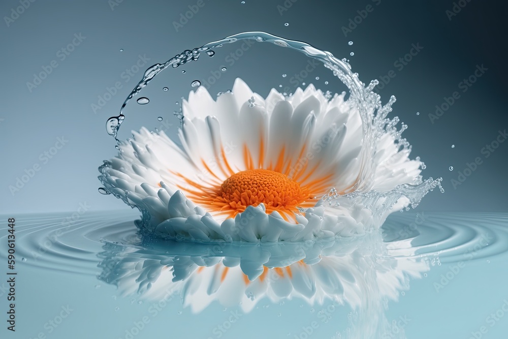 Poster a close-up of a white backdrop with a water splash in the form of a flower. generative ai