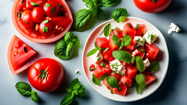Tomato salad with watermelon, mint and feta cheese - generative ai