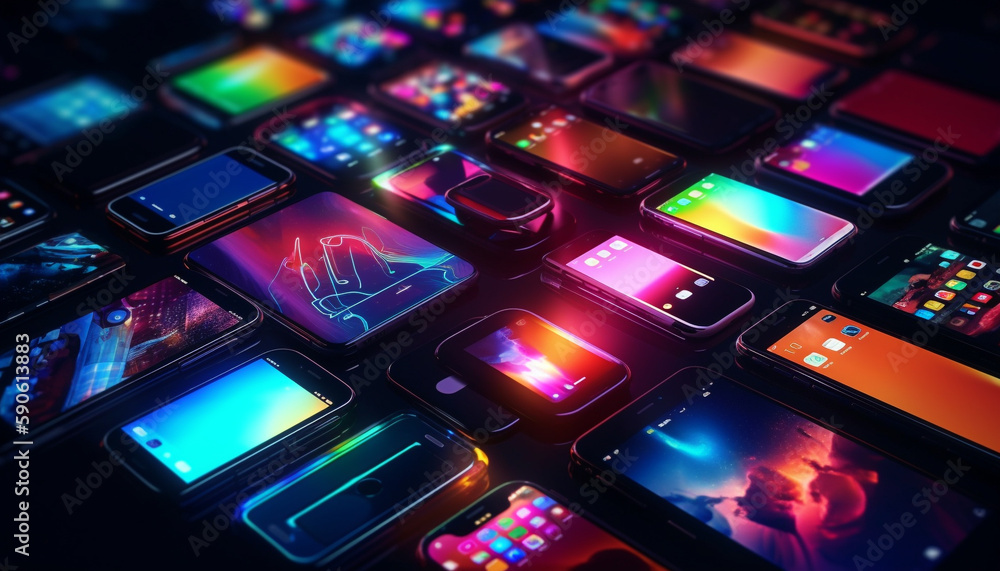Poster glowing computer monitor displays vibrant, futuristic patterns generated by ai