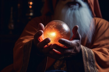 the hands of the sorcerer wizard hold a magic ball for fortune-telling the prediction of the future generative ai - obrazy, fototapety, plakaty