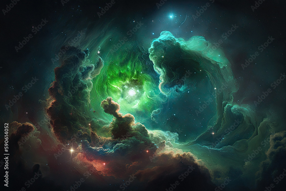 Wall mural outer space nebula, stars and green galaxy combination with form fractal design