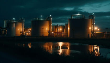 Obraz premium Fuel refinery illuminated at night with pipelines generated by AI