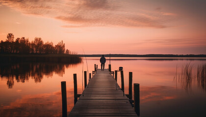 Fototapeta na wymiar Tranquil scene Sunrise over serene water horizon generated by AI