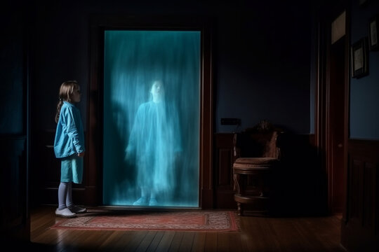 Young Girl Looking At Blue Levitating Ghost At Doorway In The Haunted House, Made Using Generative Ai