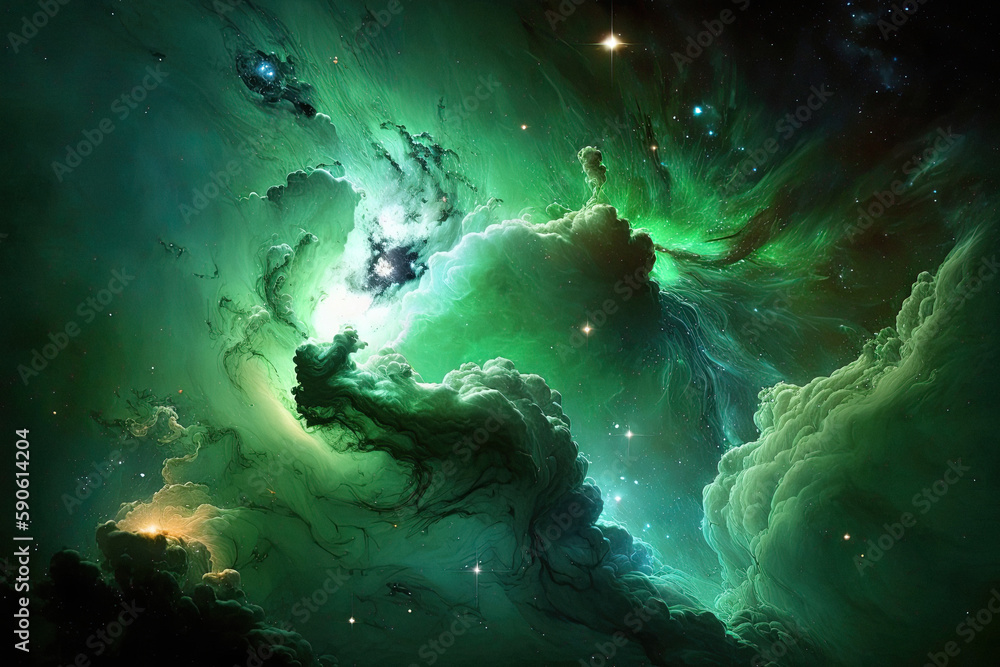 Wall mural different form fractal outer space nebula, stars and green galaxy formed naturally in the sky