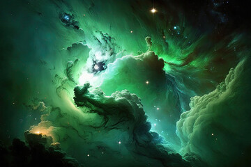 Different form fractal outer space nebula, stars and green galaxy formed naturally in the sky - obrazy, fototapety, plakaty