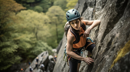Female rock climber hanging in one arm of steep craggy wall