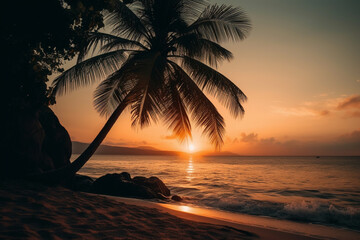 palm tree by the beach at sunset Generative AI