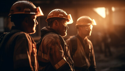 Fototapeta premium Hardhat wearing men work together to build factory generated by AI