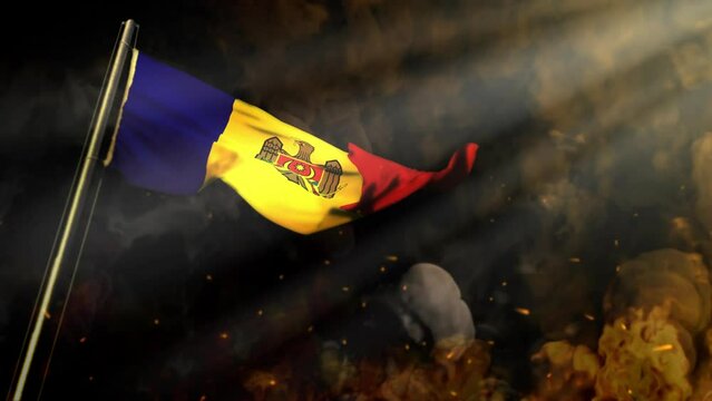 waving Moldova flag on smoke and fire with sun beams - problems concept