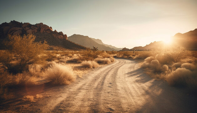 Mountain range in tranquil sunset, dusty road trip generated by AI